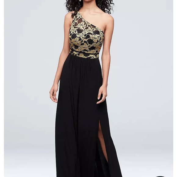 David's Bridal Dresses & Skirts - COPY - Elegant Black and Gold One-Shoulder Dress
